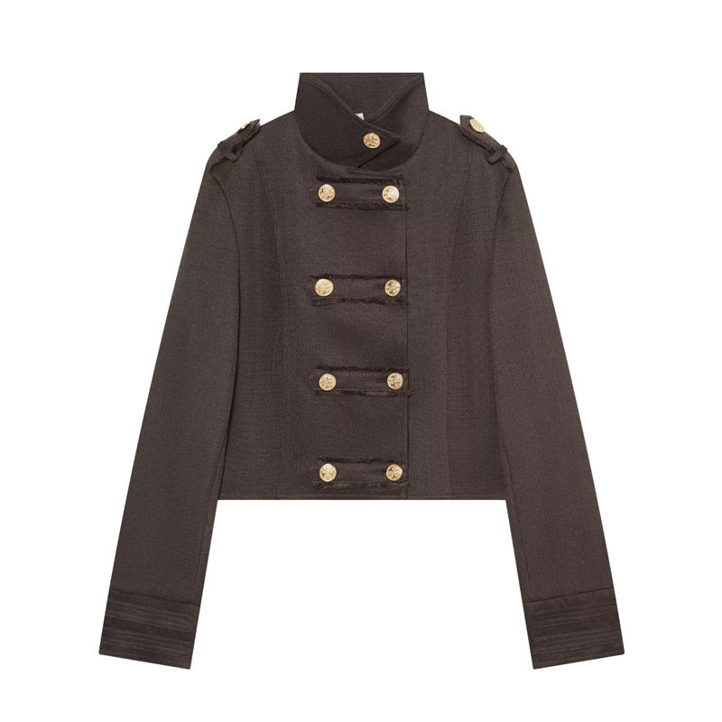 Damen Cropped Uniformjacke im Militärstil mit Stehkragen und Zierknopfleiste Nord Taschen