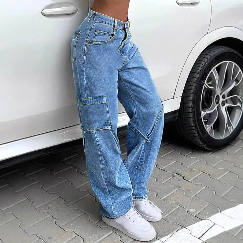 Damen Baggy-Cargo-Jeanshose mit weitem Bein, aufgesetzten Taschen und Reißverschluss-Detail Nord Taschen