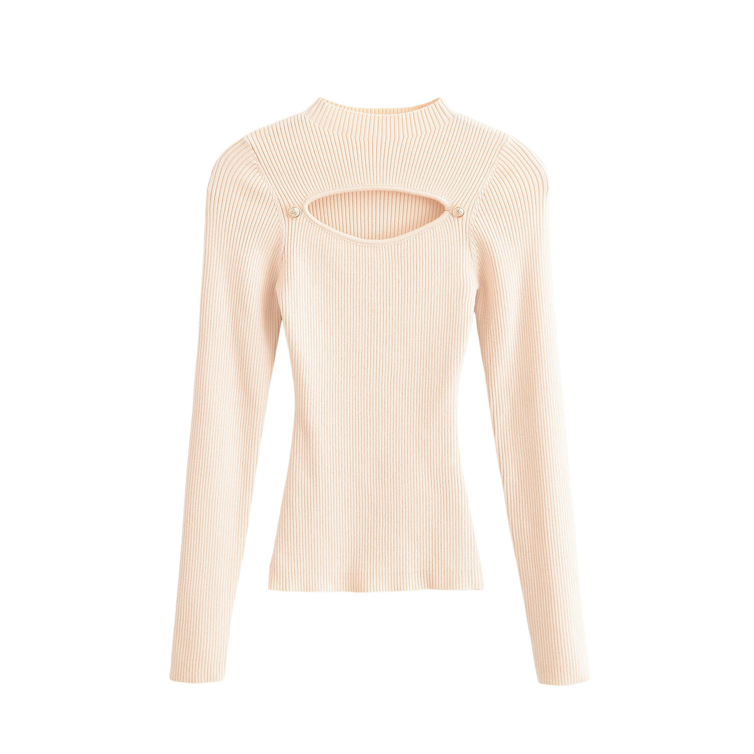 Damen Gerippter Stretch-Feinstrickpullover mit Brust-Cut-Out und Zierknöpfen Nord Taschen