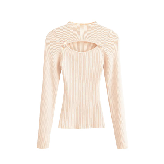 Damen Gerippter Stretch-Feinstrickpullover mit Brust-Cut-Out und Zierknöpfen Nord Taschen