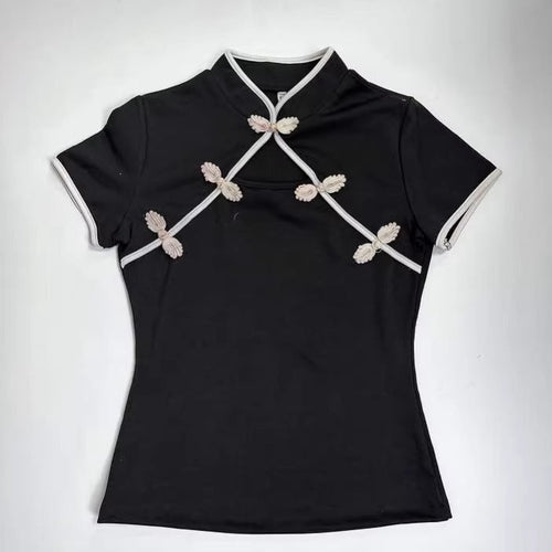 Damen Chinesisch inspirierte Bluse mit modernem Stehkragen und floralen Details