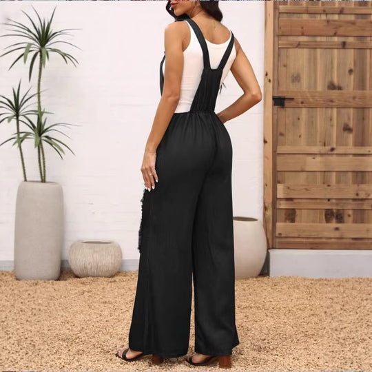 Damen weite Distressed-Latzhose mit verstellbaren Trägern und großen Knie-Rips Nord Taschen