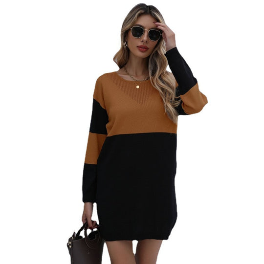 Damen Feinstrick-Minikleid mit Colorblock-Design, V‑Ajour-Ausschnitt und geripptem Saum Nord Taschen