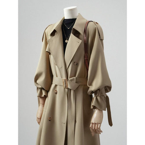 Damen Doppelreihiger Trenchcoat mit Taillengürtel und Ballonärmeln Nord Taschen