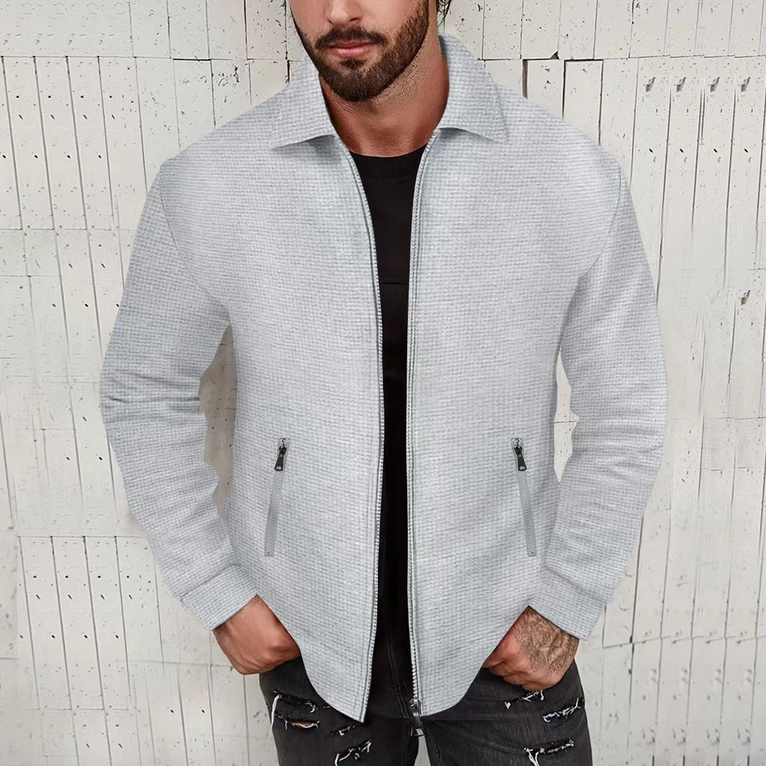 Herren minimalistische Stehkragen-Feinstrick-Übergangsjacke mit Zwei-Wege-Reißverschluss und verdeckten Reißverschlusstaschen Nord Taschen
