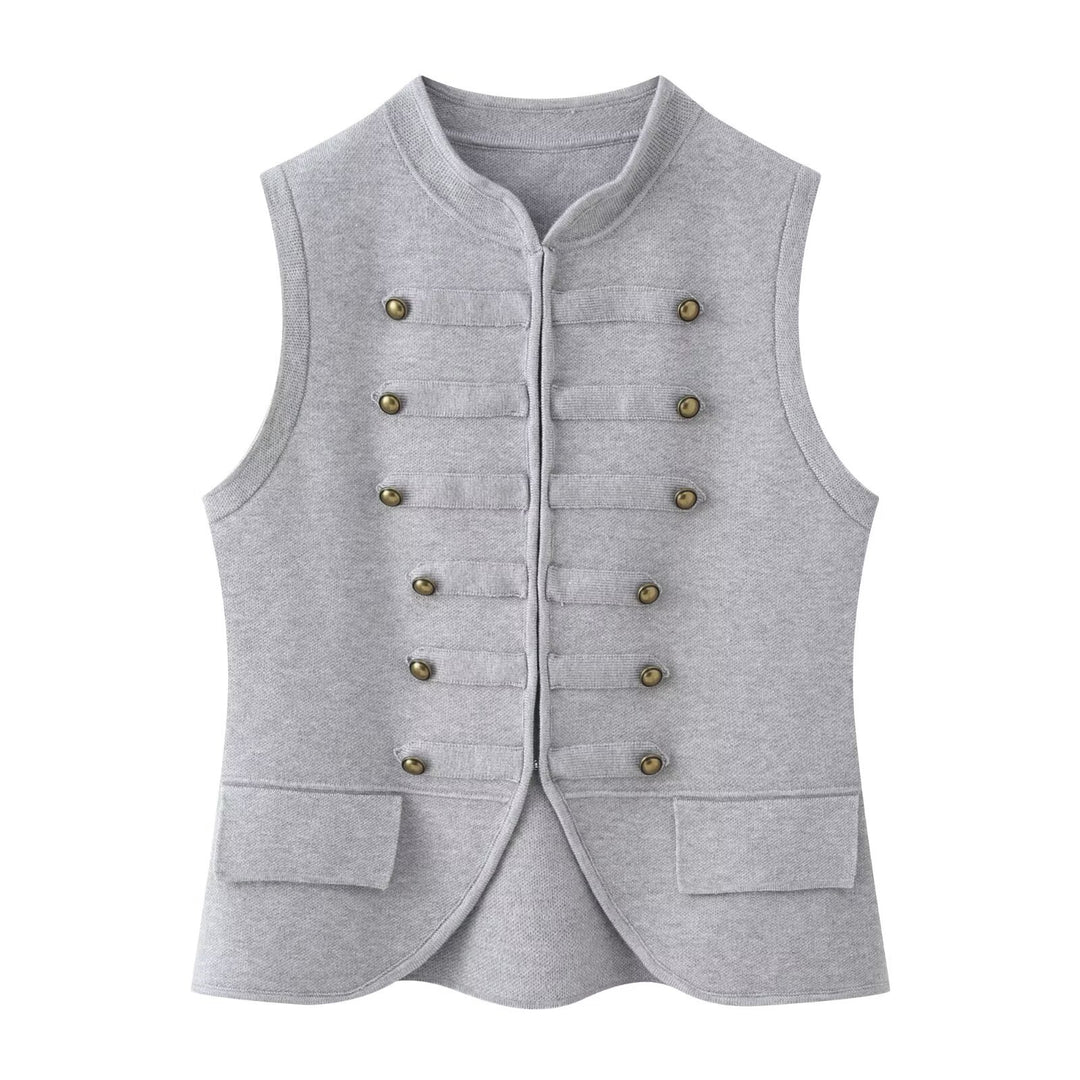Damen Militärinspirierte Bouclé‑Weste mit Stehkragen und Zierknöpfen Nord Taschen
