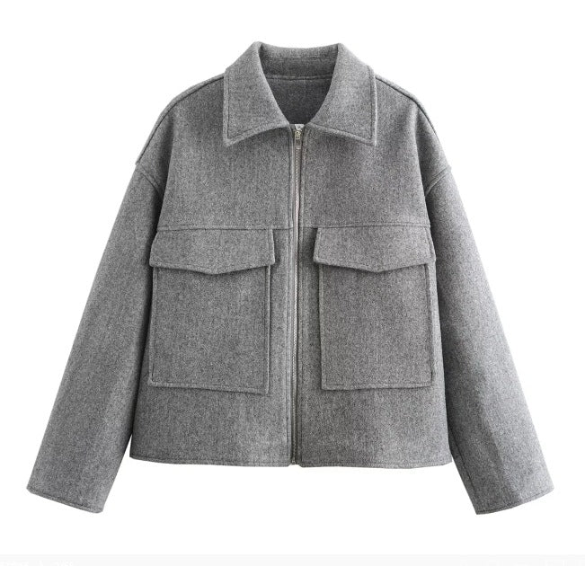 Damen 60+ Boxy Kurzjacke aus Wollmix mit Reißverschluss und aufgesetzten Pattentaschen Nord Taschen