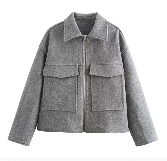Damen 60+ Boxy Kurzjacke aus Wollmix mit Reißverschluss und aufgesetzten Pattentaschen Nord Taschen