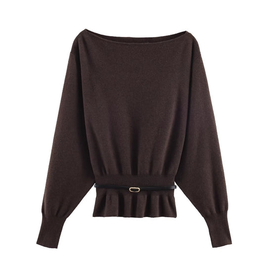 Damen Oversize-Strickpullover mit U-Boot-Ausschnitt, Fledermausärmeln, gerafftem Rippbund und Taillengürtel Nord Taschen