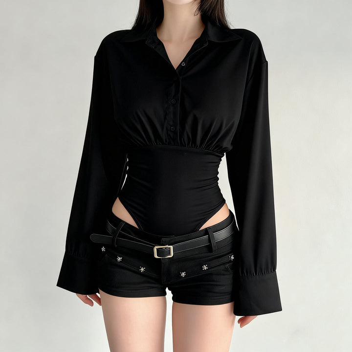Damen eleganter Bodysuit mit feinem Kragen und Knopfdetails