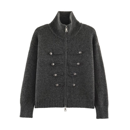 Damen Strickjacke mit Reißverschluss, hohem Stehkragen und dekorativen Zierknopfleisten Nord Taschen