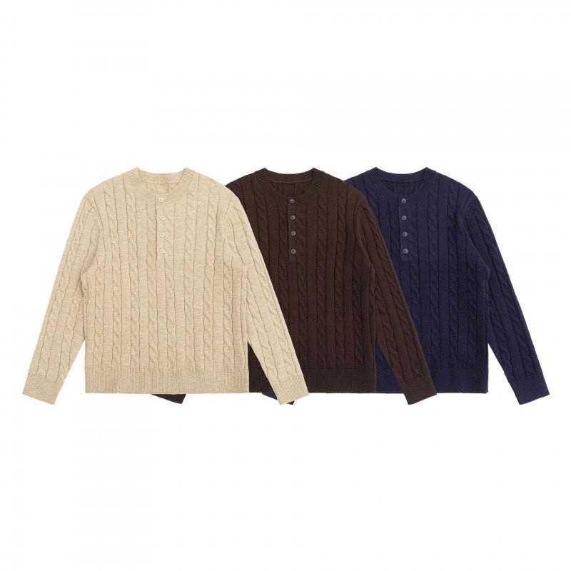 Unisex Grobgestrickter Henley-Pullover mit Zopfmuster und halber Knopfleiste Nord Taschen