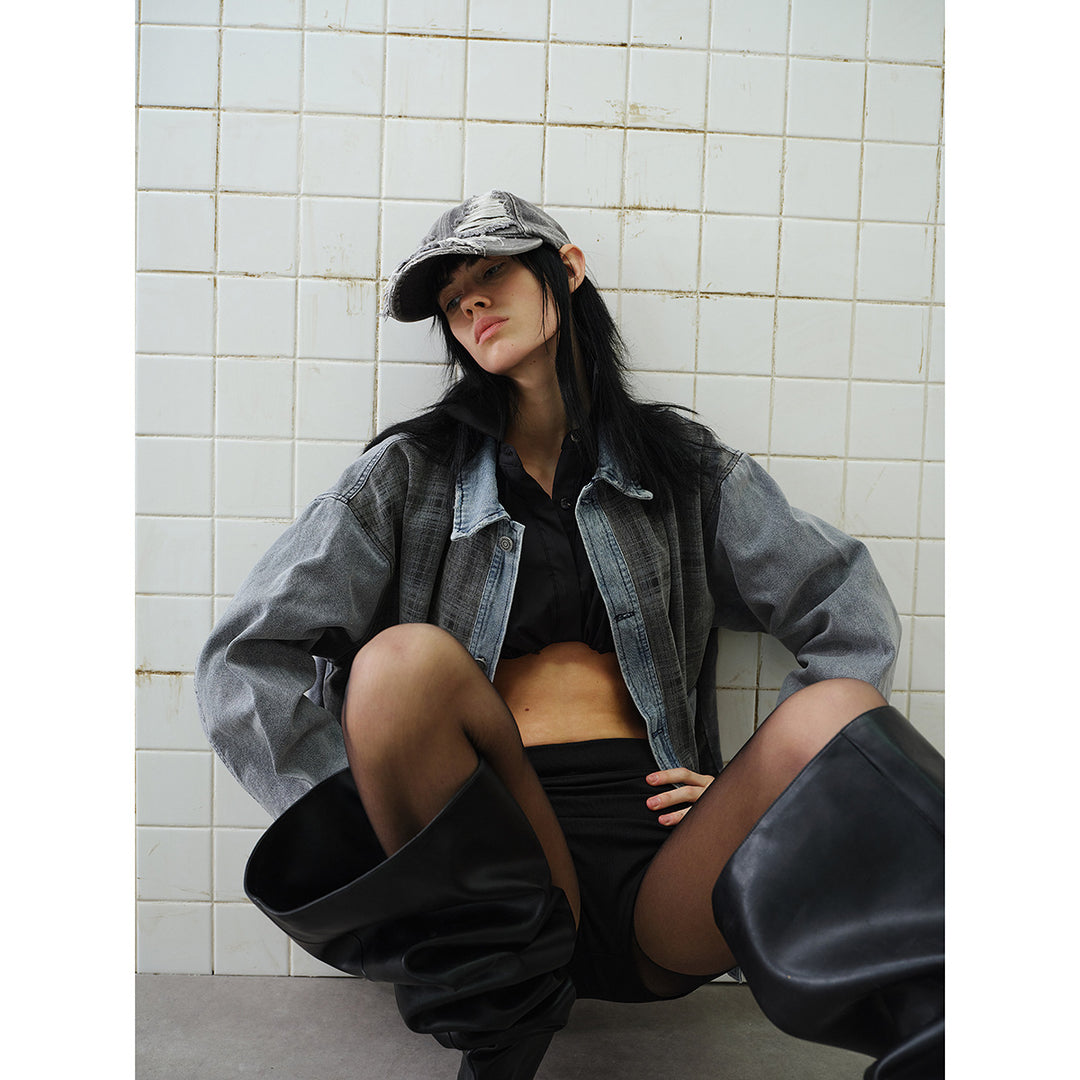 Unisex Boxy-Jeansblouson mit karierter Frontpaneel, kontrastierenden Denim-Ärmeln und Druckknopfleiste Nord Taschen