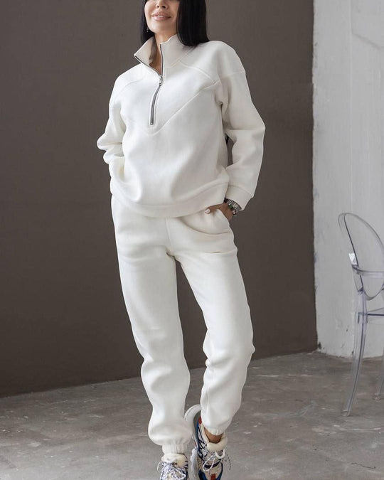 Damen Zweiteiliges Sweat-Loungewear-Set mit Troyer-Reißverschluss und elastischer Jogginghose Nord Taschen