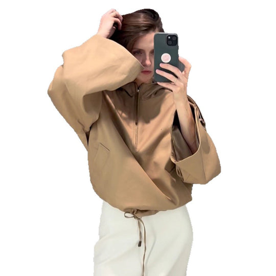 Damen Oversize Kapuzenpullover mit halbem Reißverschluss, Ballonärmeln & Tunnelzug Nord Taschen