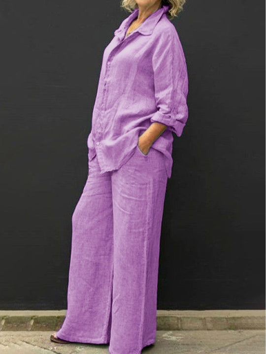 Damen Entspanntes Leinen-Set mit Oversize-Hemd und weiter Palazzo-Hose Nord Taschen