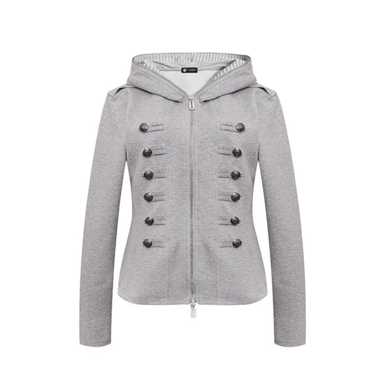 Damen taillierte Kapuzen‑Sweatjacke mit dekorischer Doppelreihe und Metallknöpfen Nord Taschen
