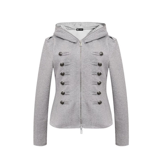 Damen taillierte Kapuzen‑Sweatjacke mit dekorischer Doppelreihe und Metallknöpfen Nord Taschen