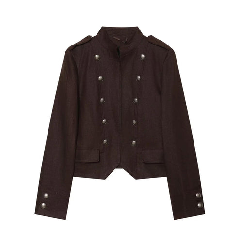 Damen Kurze Militärjacke im Uniformstil mit Stehkragen und dekorativen Druckknöpfen Nord Taschen