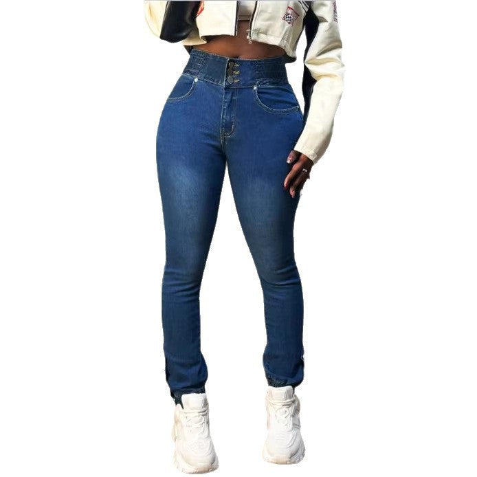 Damen Hochtaillierte formende Skinny-Jeans mit doppeltem Bundverschluss und verstellbarem Knöchel-Tunnelzug Nord Taschen