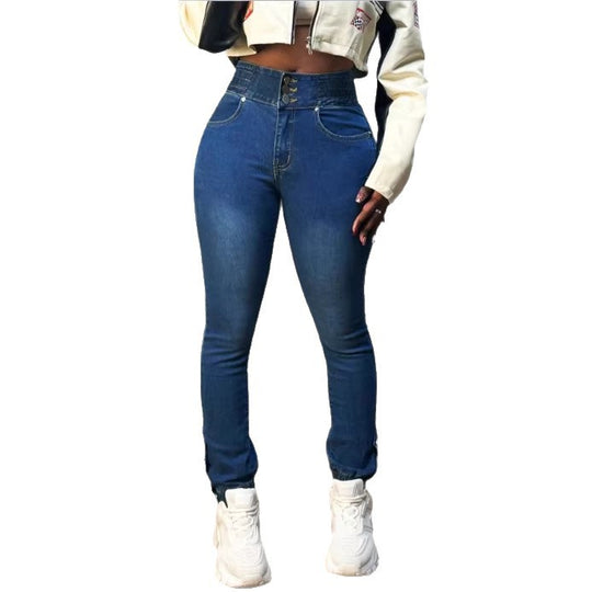 Damen Hochtaillierte formende Skinny-Jeans mit doppeltem Bundverschluss und verstellbarem Knöchel-Tunnelzug Nord Taschen