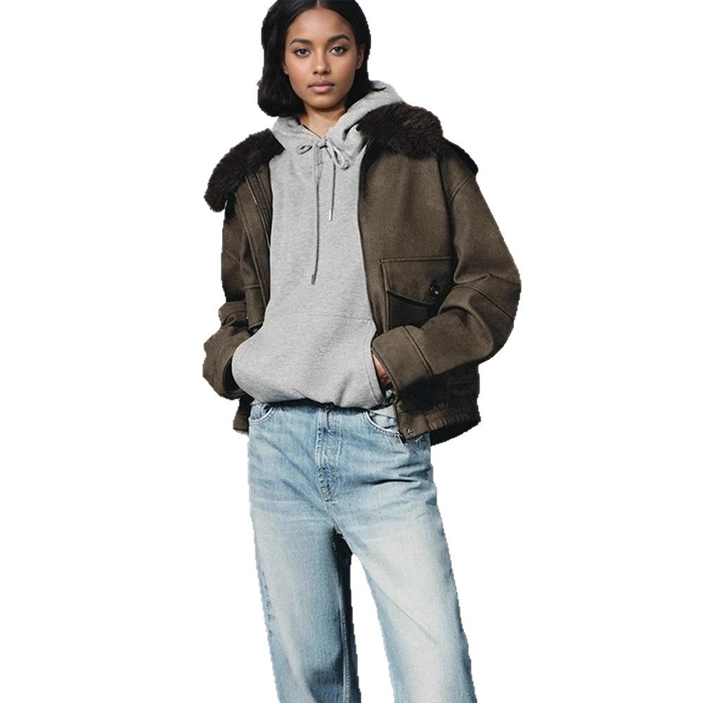 Damen Kurzjacke im Aviator‑Style mit Kunstpelzkapuze und aufgesetzten Pattentaschen Nord Taschen