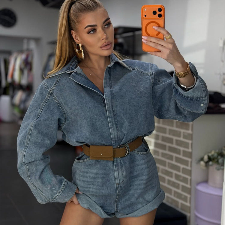 Damen Denim-Shorts-Overall mit kastigem Hemdoberteil und Taillengürtel Nord Taschen