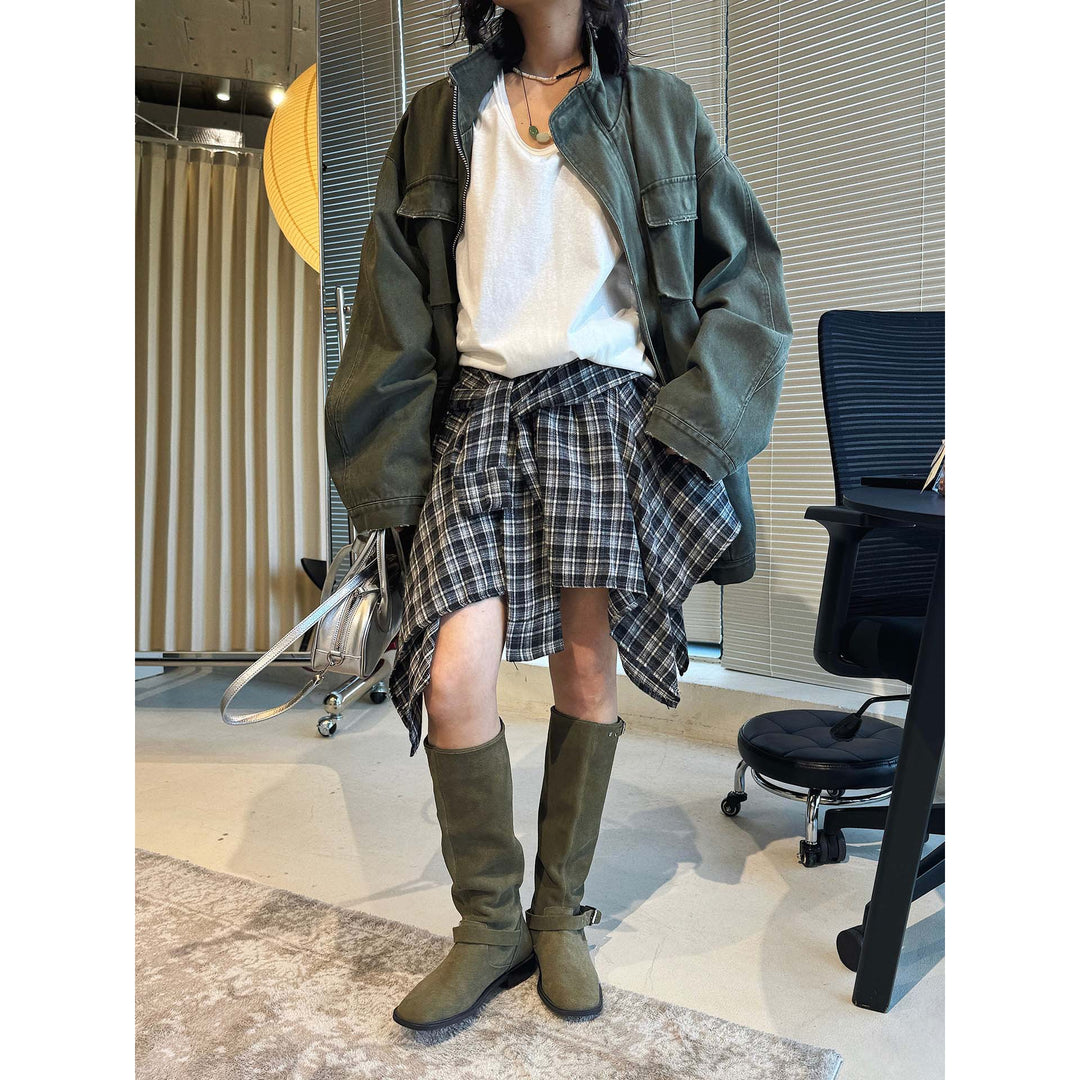 Damen Slouch-Kniestiefel aus Veloursleder mit verstellbarem Schnallenriemen Nord Taschen