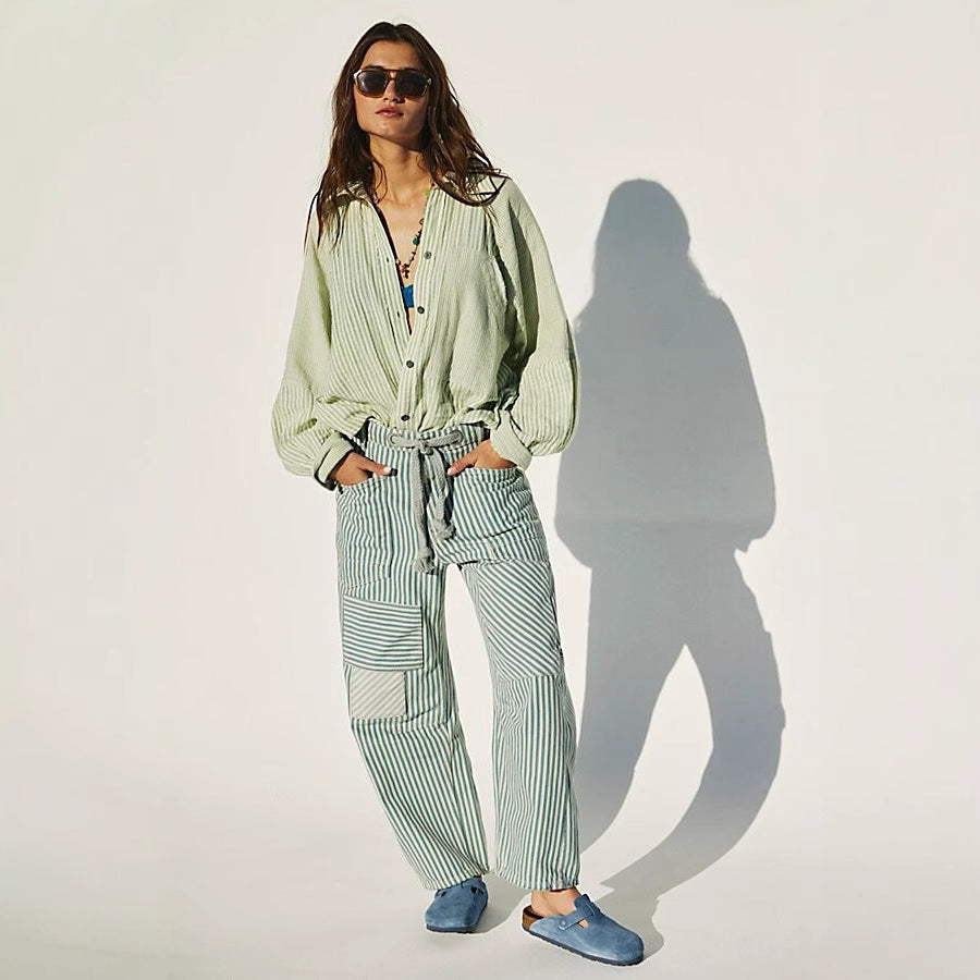Damen lässige gestreifte Leinenhose mit Kordelzug und aufgesetzten Taschen Nord Taschen