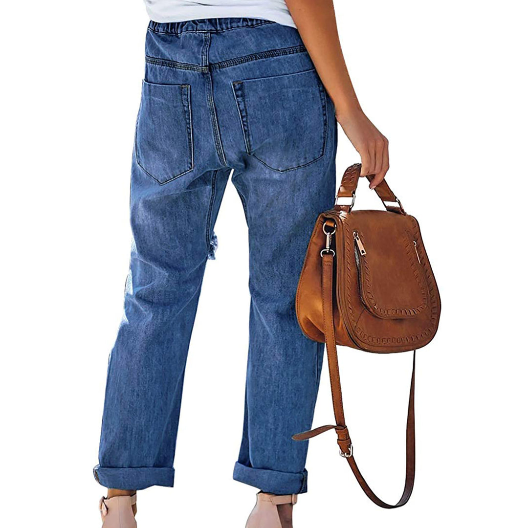 Damen lässige Destroyed-Denim-Jogger mit elastischem Kordelbund und aufgesetzten Fronttaschen Nord Taschen