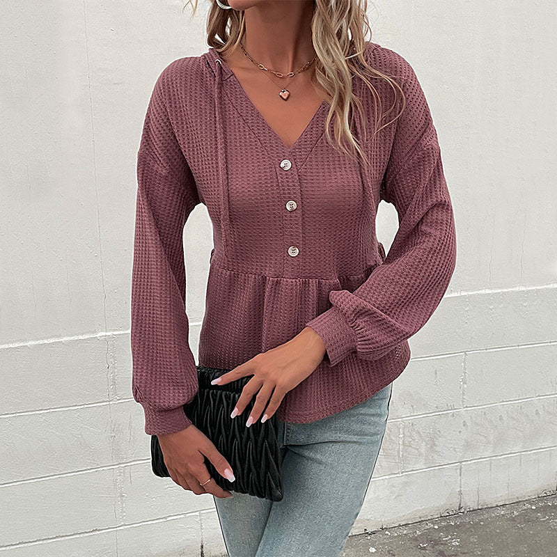 Damen Waffelstrick-Hoodie-Bluse mit V-Ausschnitt, Knopfleiste und geraffter Taillenpasse Nord Taschen