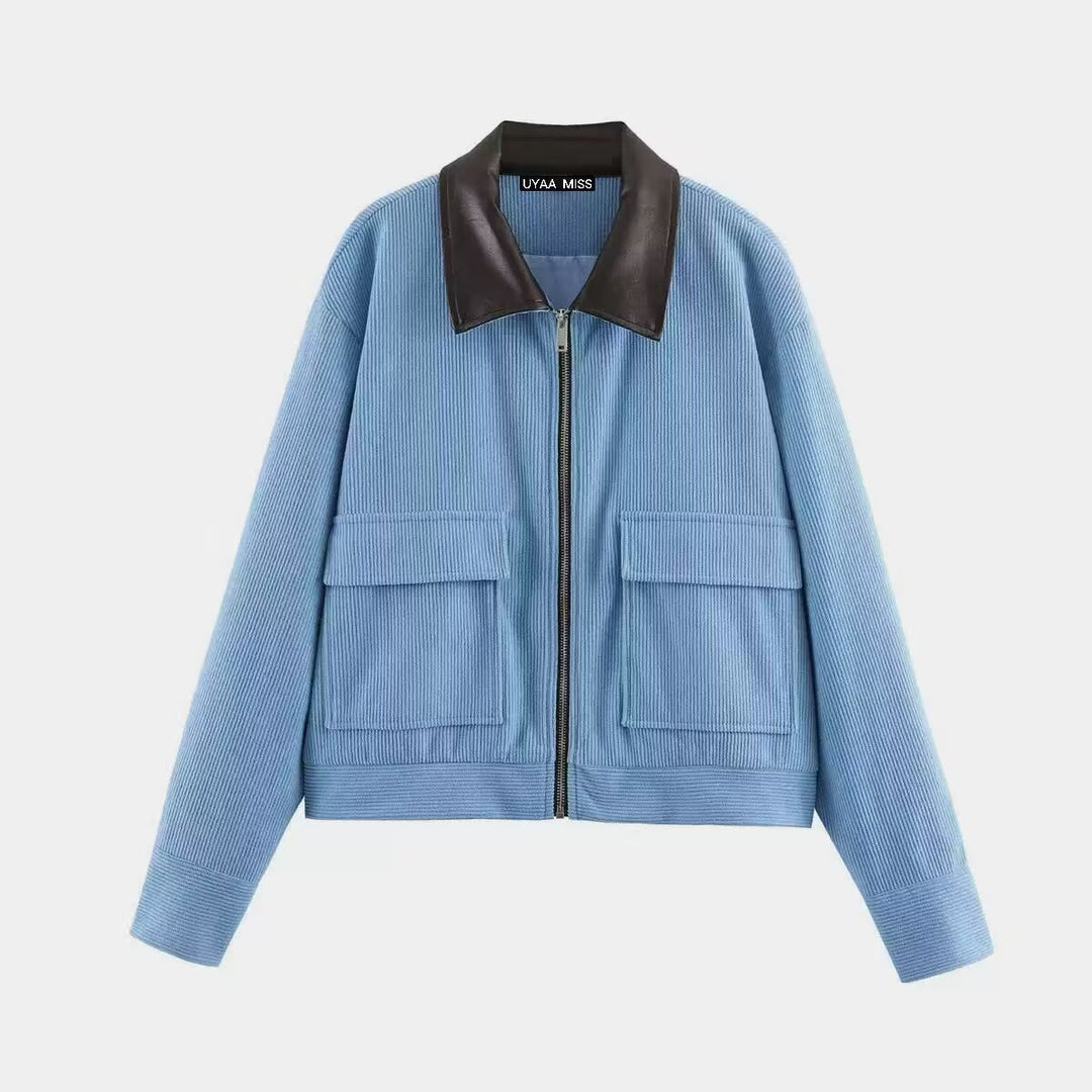 Damen Kurzjacke aus Cord mit Lederkragen und aufgesetzten Klappentaschen Nord Taschen