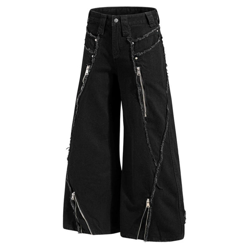 Damen weite Denim-Culotte mit Fransen-Details und Zipper-Akzenten Nord Taschen