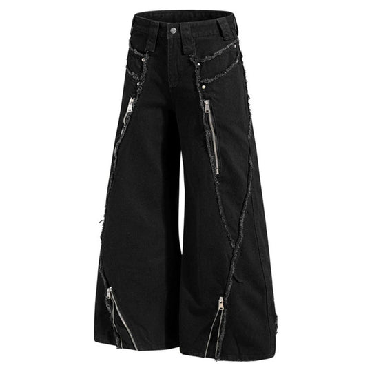 Damen weite Denim-Culotte mit Fransen-Details und Zipper-Akzenten Nord Taschen