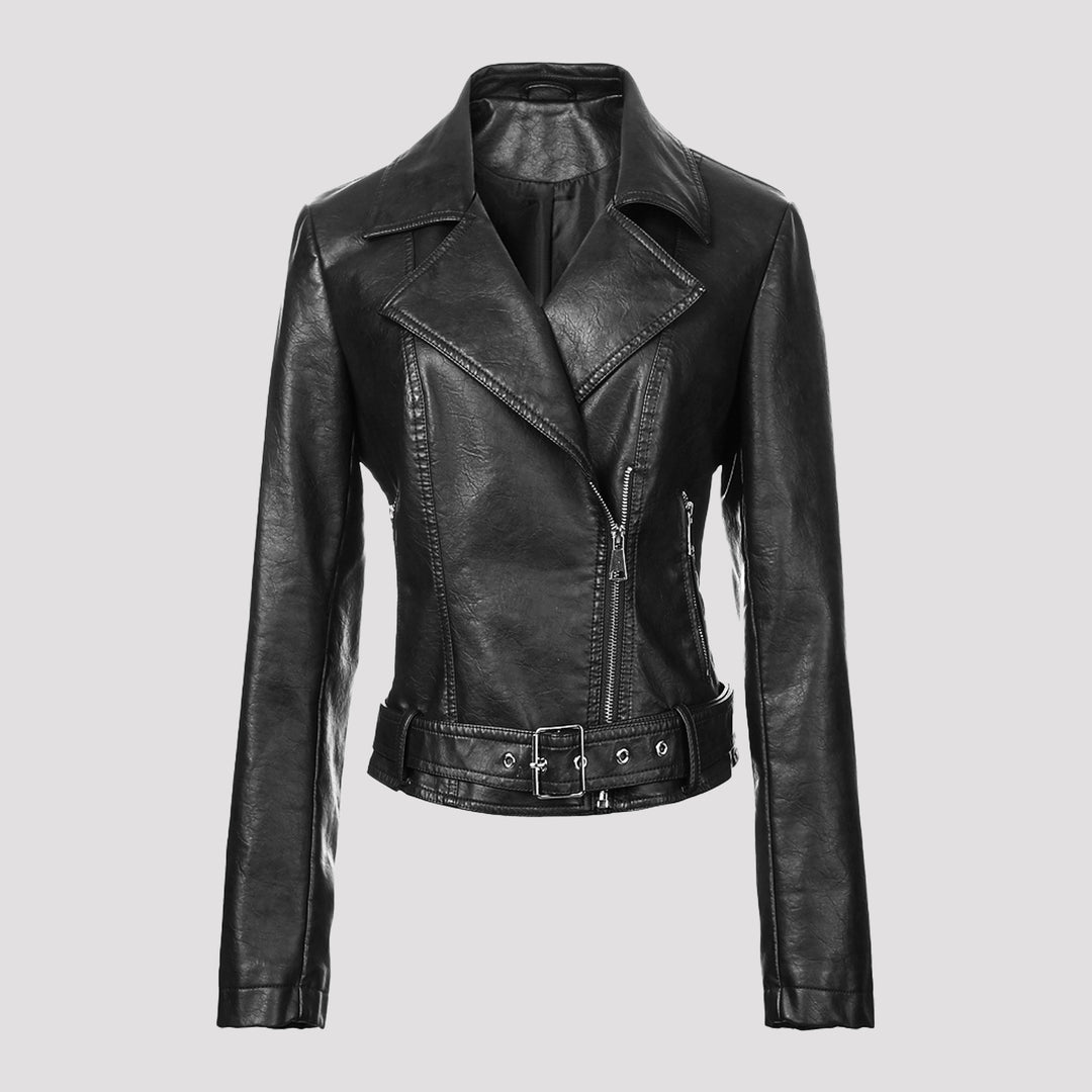 Damen Kurz geschnittene taillierte Leder-Bikerjacke mit Taillengürtel und asymmetrischem Reißverschluss Nord Taschen