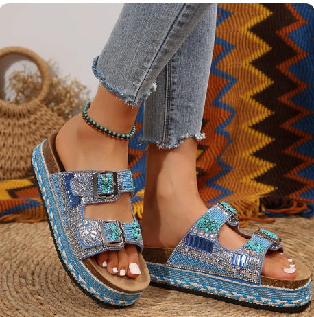 Damen bequeme Sandalen mit dekorativen Steinen und breiten Riemen