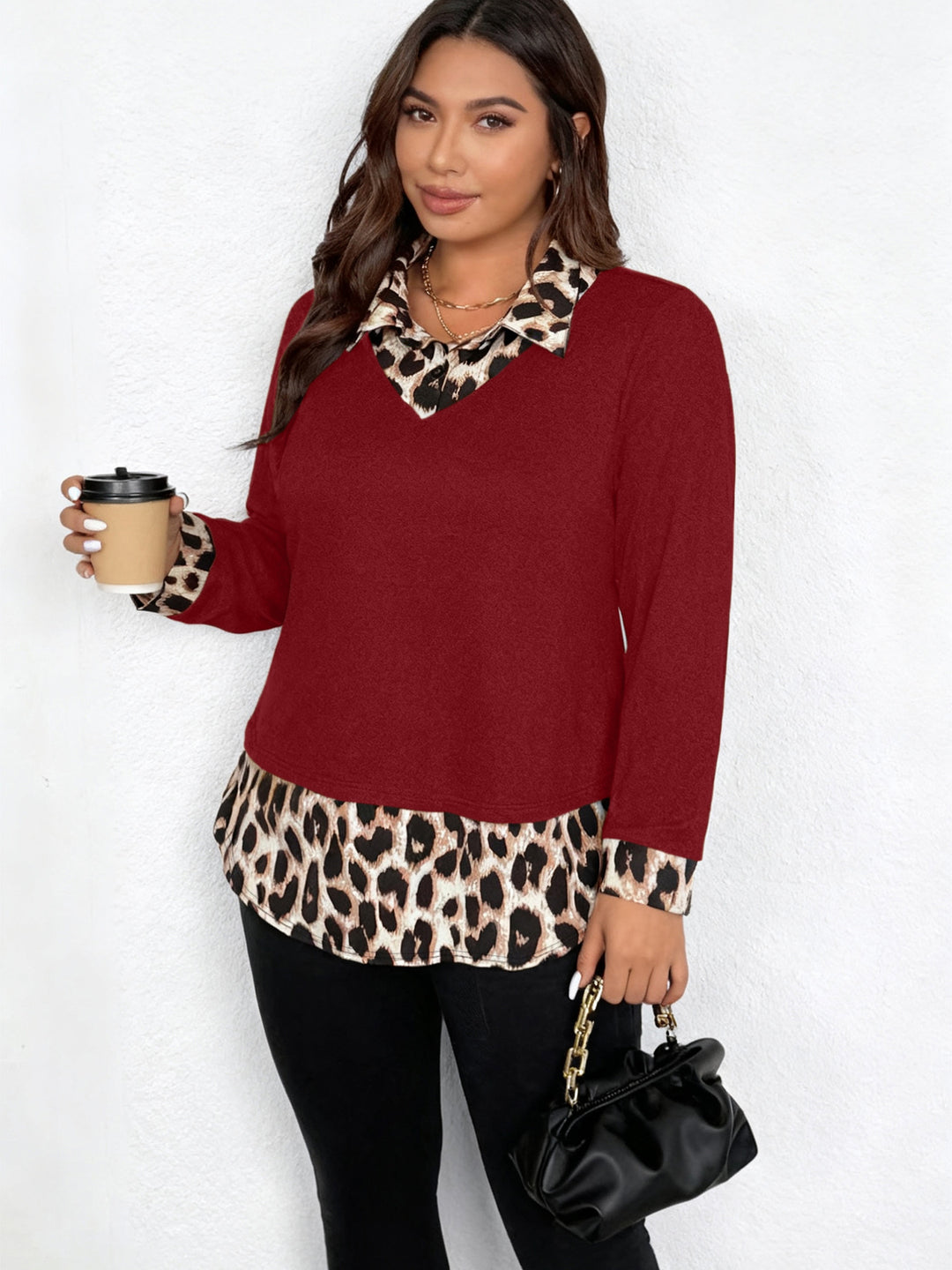 Damen Lagenlook-Pullover mit V-Ausschnitt und Leoprint-Blusen-Einsatz Nord Taschen