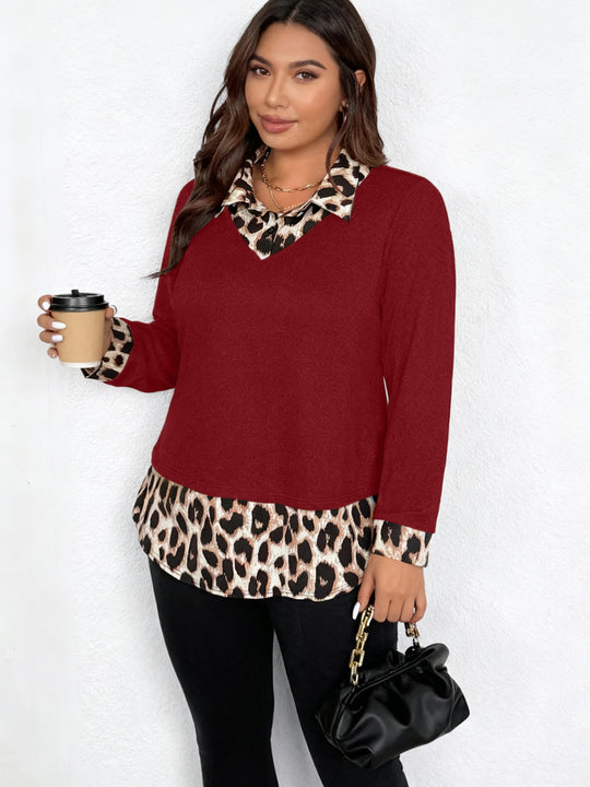 Damen Lagenlook-Pullover mit V-Ausschnitt und Leoprint-Blusen-Einsatz Nord Taschen