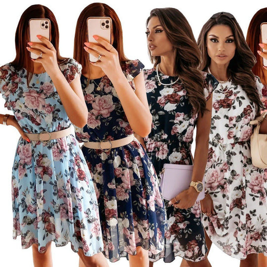 Damen Sommerliches Blumenkleid mit Rüschendetails und Taillengürtel