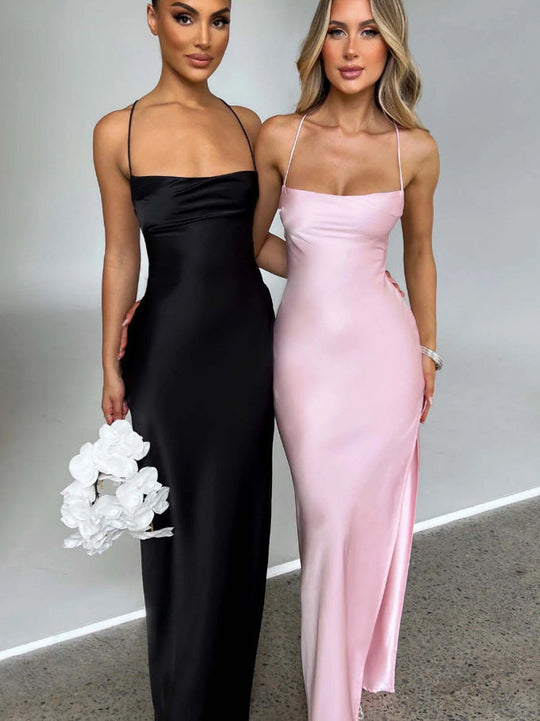Damen Elegantes Maxikleid mit schmalen Spaghettiträgern und seitlichem Schlitz