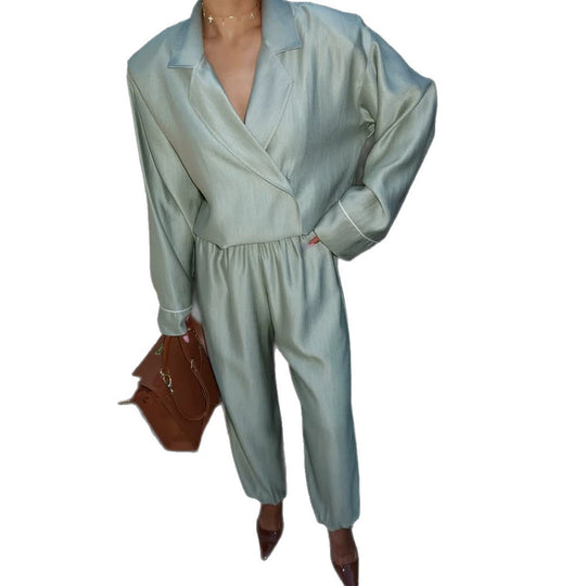 Damen Satin-Zweiteiler mit Wickelbluse, weiten Hosen und elastischem Bund Nord Taschen