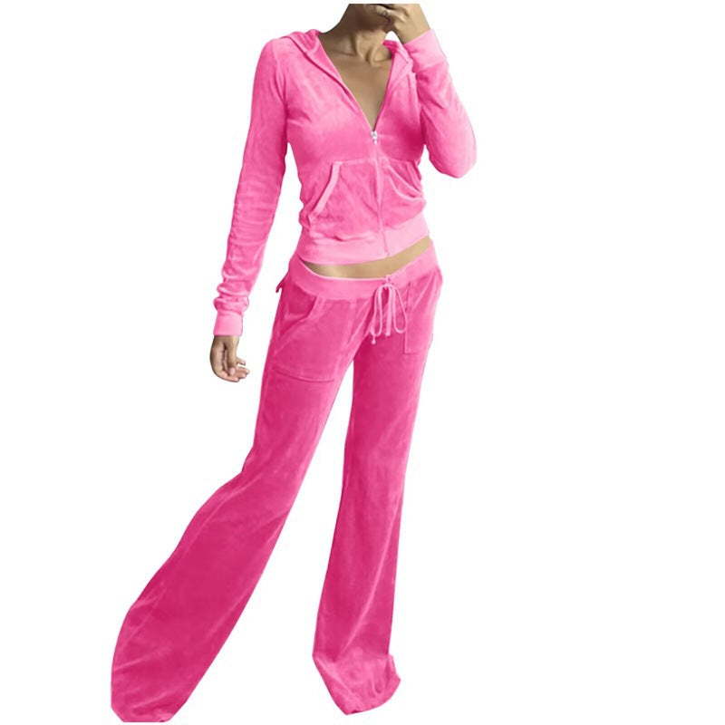 Damen Samtvelours Cropped-Zipjacke mit Kängurutasche und hochgeschnittener Bündchenhose Nord Taschen