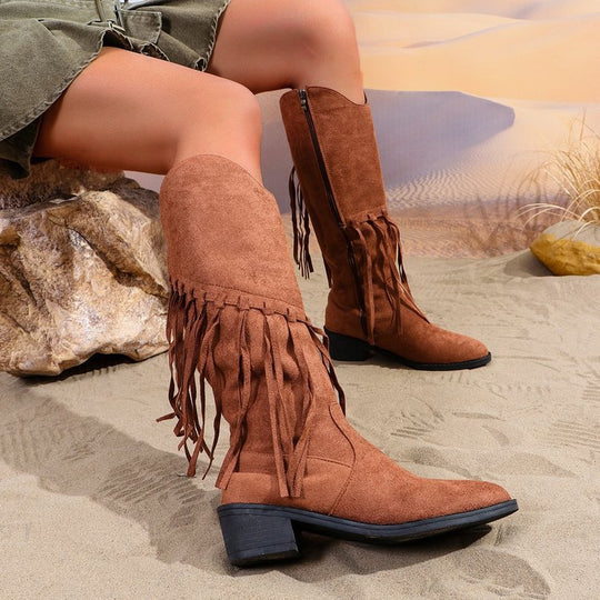 Damen nan Fransen-Cowboy-Stiefel aus Veloursleder mit spitzer Zehenkappe und seitlichem Reißverschluss Nord Taschen