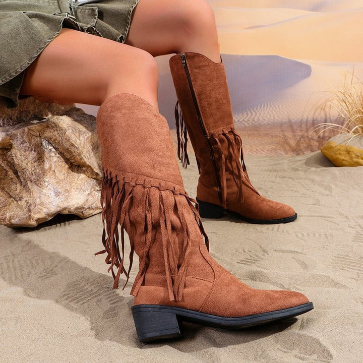 Damen nan Fransen-Cowboy-Stiefel aus Veloursleder mit spitzer Zehenkappe und seitlichem Reißverschluss Nord Taschen