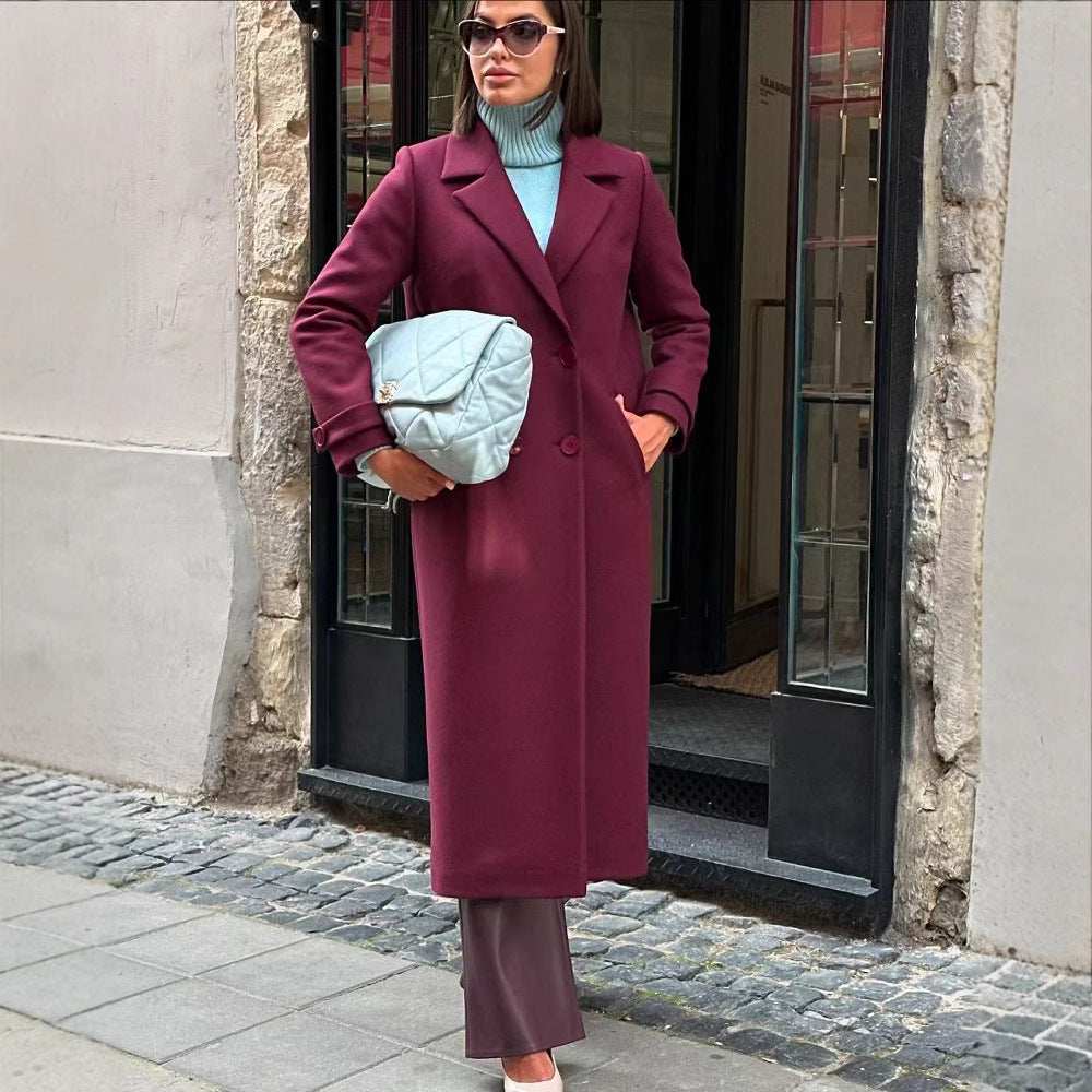 Damen Maxilanger Mantel aus Wollmix mit taillierter Silhouette und cleanem Revers Nord Taschen