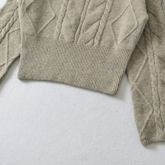 Damen Kurzer Zopfmuster-Strickpullover mit tailliertem Rippbündchen Nord Taschen