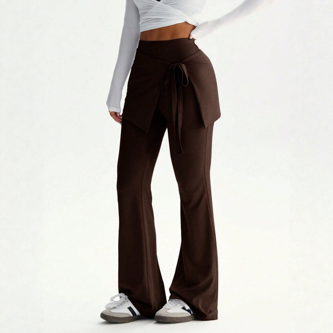 Damen hochtaillierte Schlaghose mit Wickelrock-Overlay und Taillenschleife Nord Taschen