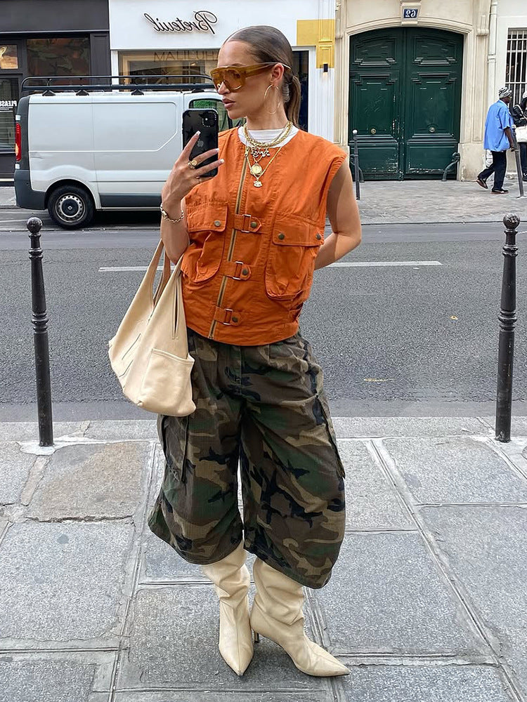Damen Ärmellose Utility‑Weste mit Reißverschluss, Fronttaschen und Schnallen Nord Taschen