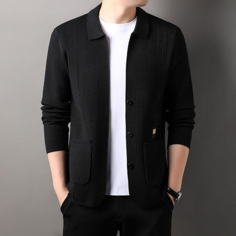 Herren Feinstrukturierte Strickjacke mit Hemdkragen, Knopfleiste und aufgesetzten Taschen Nord Taschen
