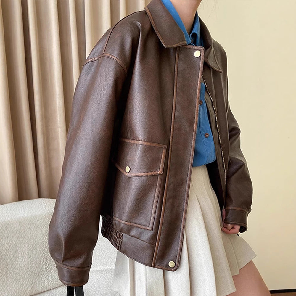 Damen Oversize-Lederimitatjacke mit Hemdkragen und Reißverschluss Nord Taschen